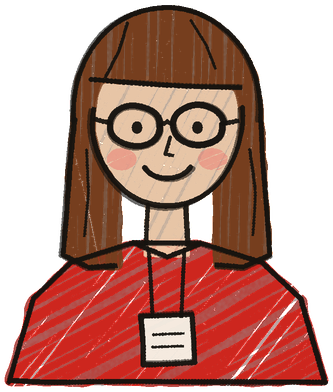 A child’s drawing of Maisie: brown hair, round glasses, a red jumper and a lanyard