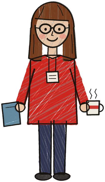 A child’s drawing of Maisie: brown hair, round glasses, a red jumper and a lanyard, with a mug of tea in one hand and a blue case file in the other